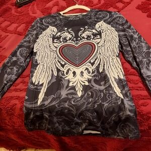 Beautiful Black And White T-shirt Long Sleeve Angel Wings Red Heart European